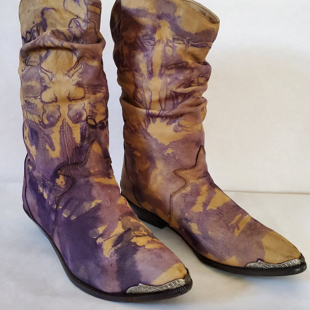 Brown beige Tan purple leather vintage Western cowgirl rodeo festival 7 8 tiedye
